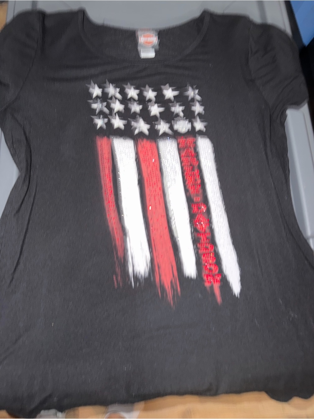 Harley Davidson Short-Sleeve Graphic Tee w/Red & White rhinestone detail